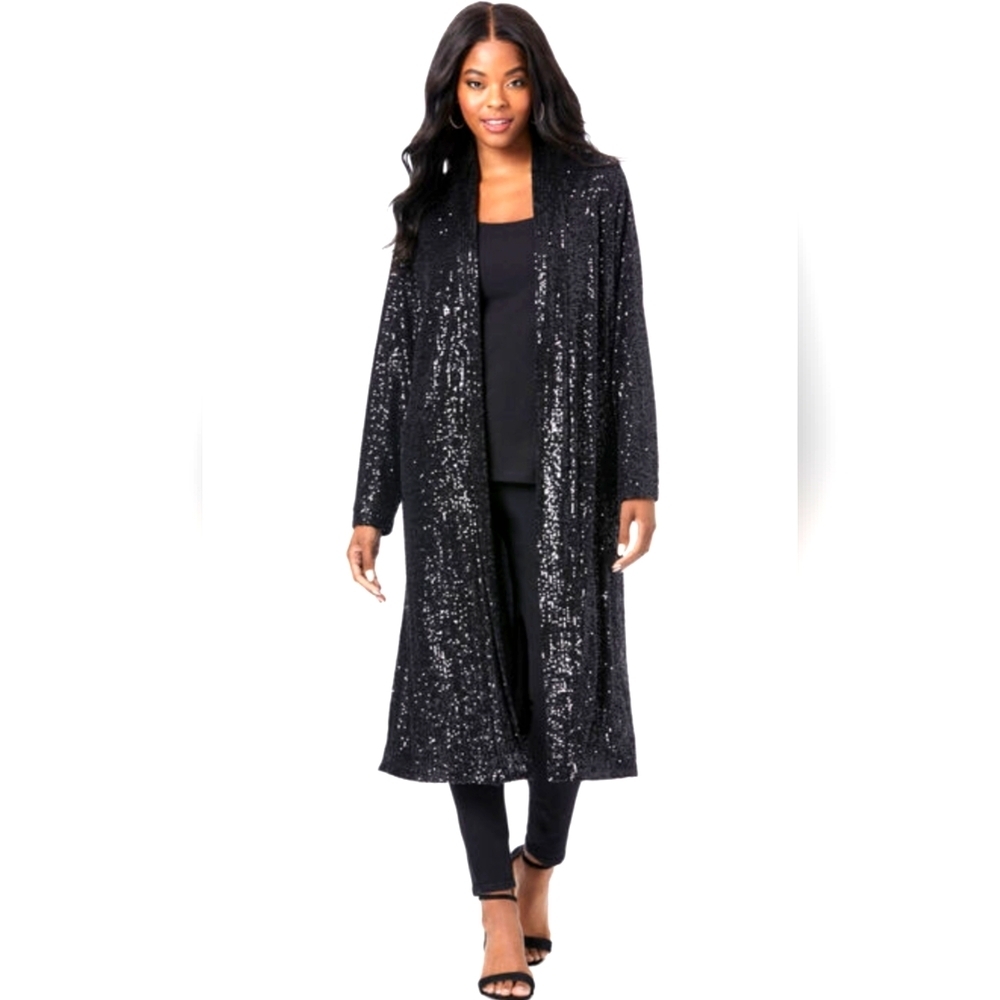 Roaman's Women's Plus Size Sequin Duster Jacket BLACK 45” Length